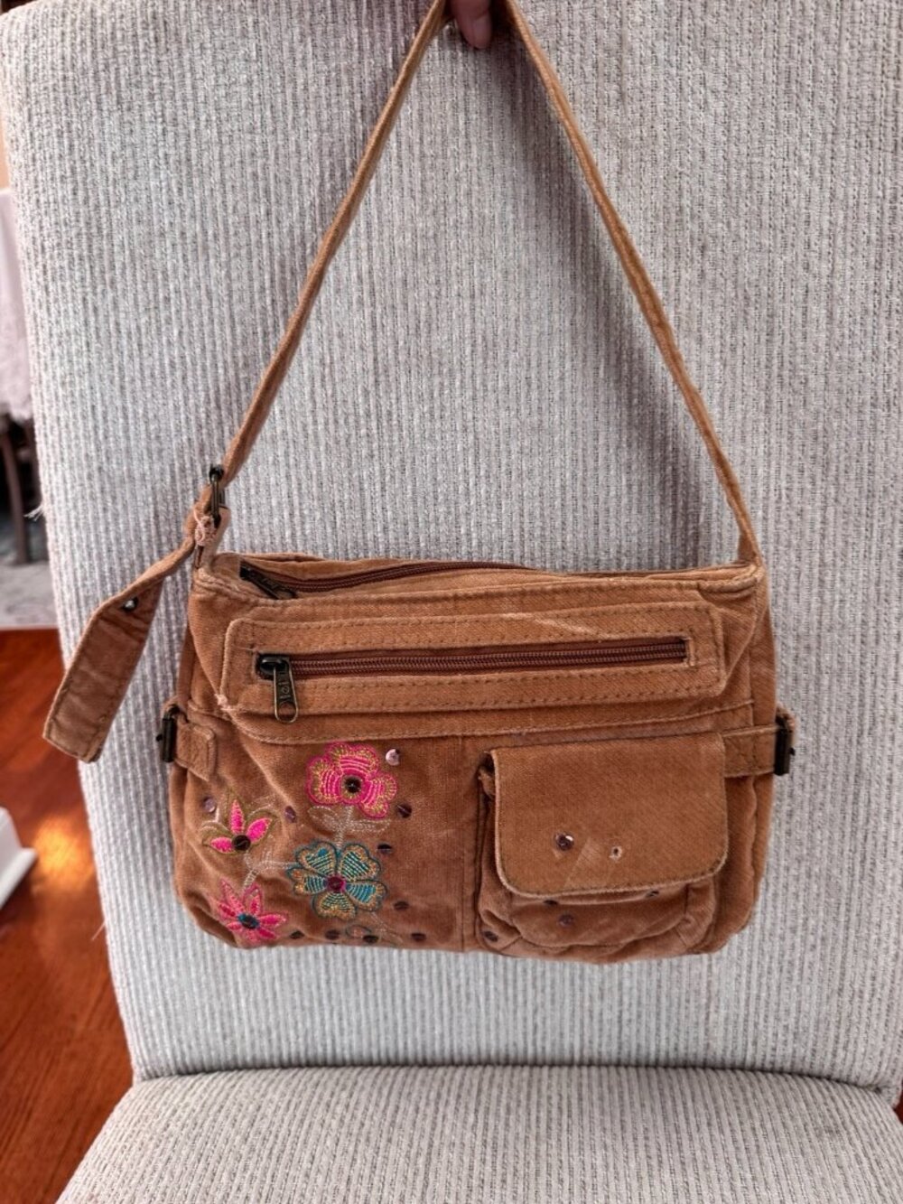 VTG Y2K L.e.i Tan Corduroy Floral Embroidered Small Shoulder Purse Bag